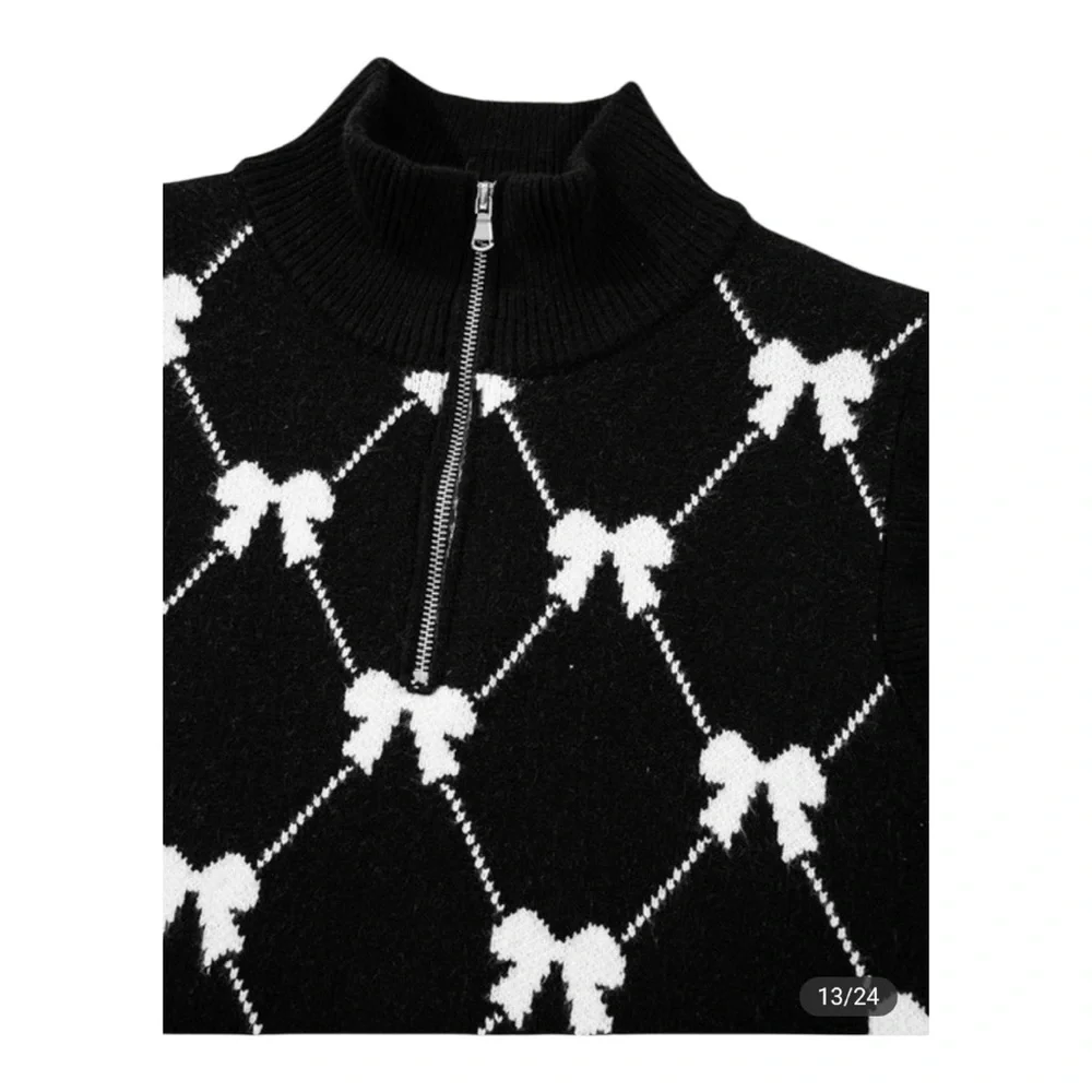 S113 Bow Print Ruffle Cap Sleeve Soft Zip Mock Neck Convertible Lapel Sweater - Picture 5 of 6